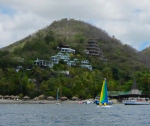 Jade Mountain (brown) sits above Anse Chastanet (green)