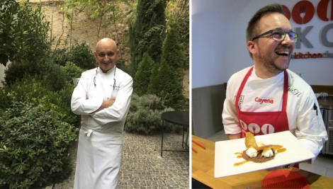 Tono Perez in his garden at Atrio Restaurante and Ivan Hernandez at his cooking show room in Restaurante Cayena. Photo by Susan Manlin Katzman