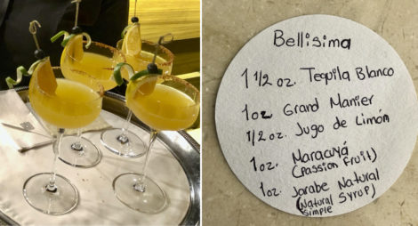 A collage of four Bellisimas and the recipe written on a coaster. 