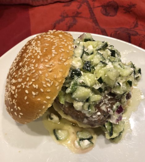 The Big Lambowski lamb burger topped with Cucumber Feta Relish