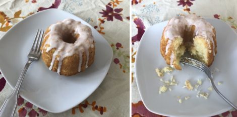 Lemon bundt cakes--one whole, one with a big bite take.