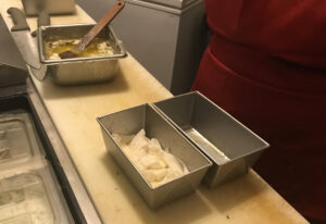 Scrunching filo dough to layer in pan