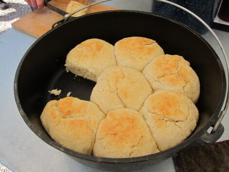 Biscuits cooked outdoors over open fire.