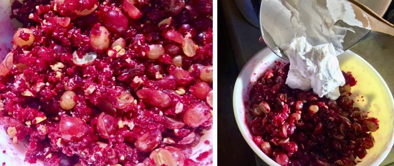 Collage of ground cranberries and adding cream