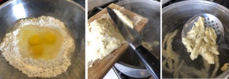 Collage showing making spaetzle
