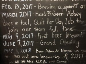 Timeline on chalk board showing when Abbey joined Third Wheel Brewing