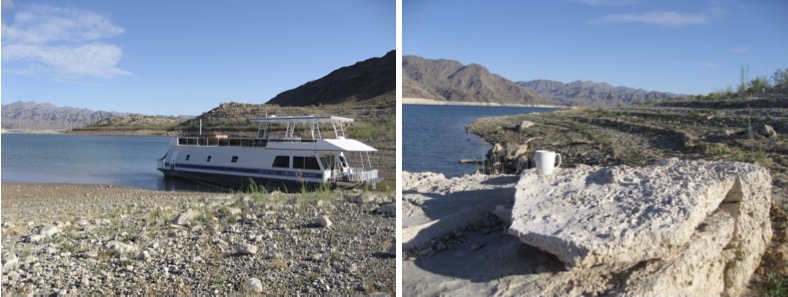 A collage of docked Forever houseboat and drinking coffee on a boulder.