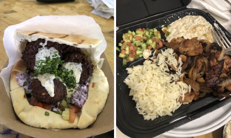Collage of Ta-eem's falafel on pita and Parrot plate with Israeli salad, rice and baba ganoush.