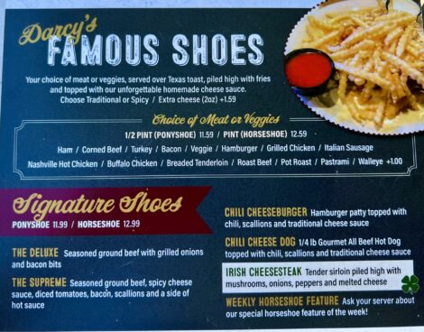Shoes listed on D'Arcy's Pint menu.