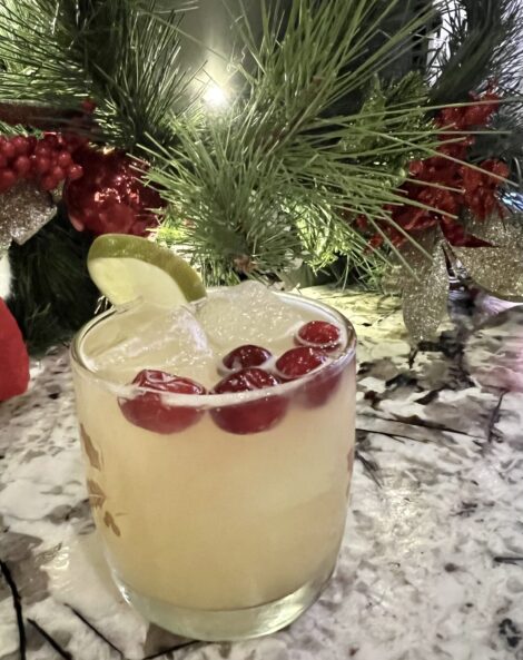 A Sleigh All Day cocktail garnished with cranberries and lime wheel.