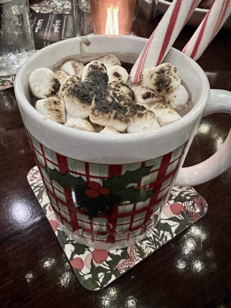 A holly decorated mug filled with hot cocoa and garnished with toasted marshmallows and a peppermint stick.