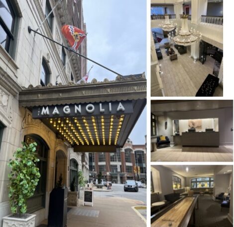 Collage showing hotel entrance, lobby, reception and game room of Magnolia Hotel