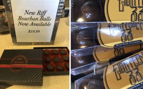 Two packages of bourbon balls for sale at different distilleries.