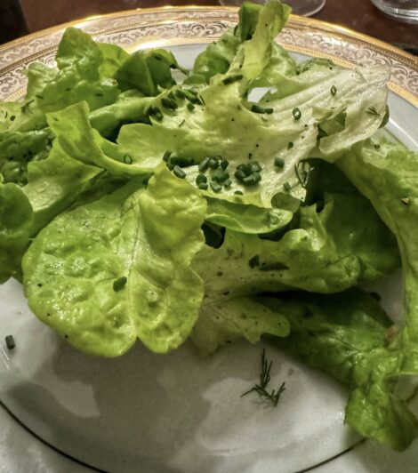 A plated salad of butter lettuce sprinkled with herbs.
