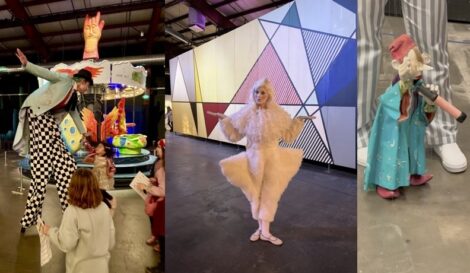 A collage of a man on stilts, a feathered woman, and a puppet.