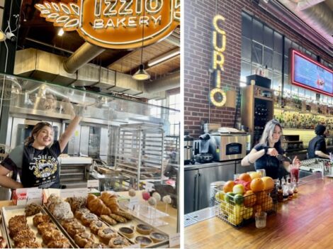 A collage of two photos showing workers in Izzio bakery and Curio bar.