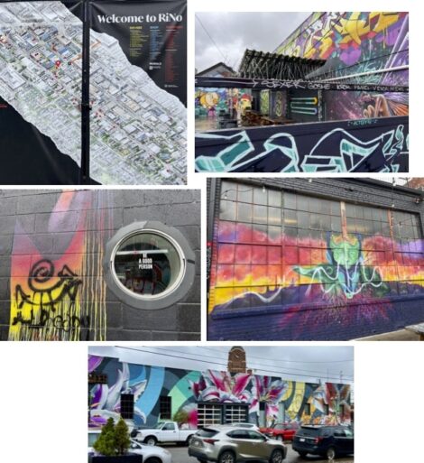 A collage of five views of RiNo street art.